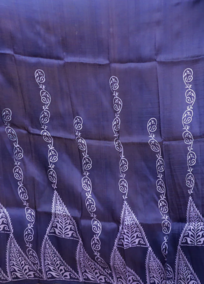 Blue Printed Pure Silk Saree Without Blouse Piece - Image 5