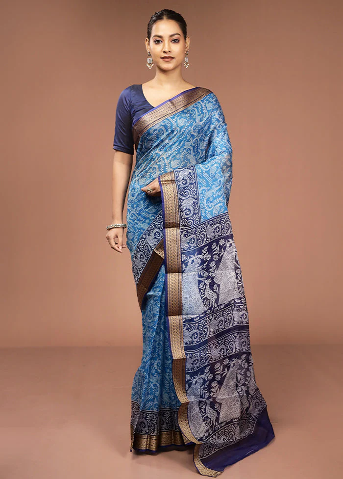 Blue Printed Pure Silk Saree Without Blouse Piece - Image 2