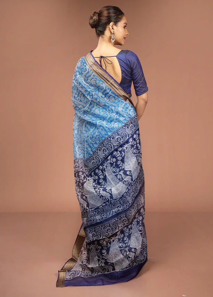 Blue Printed Pure Silk Saree Without Blouse Piece - Image 3