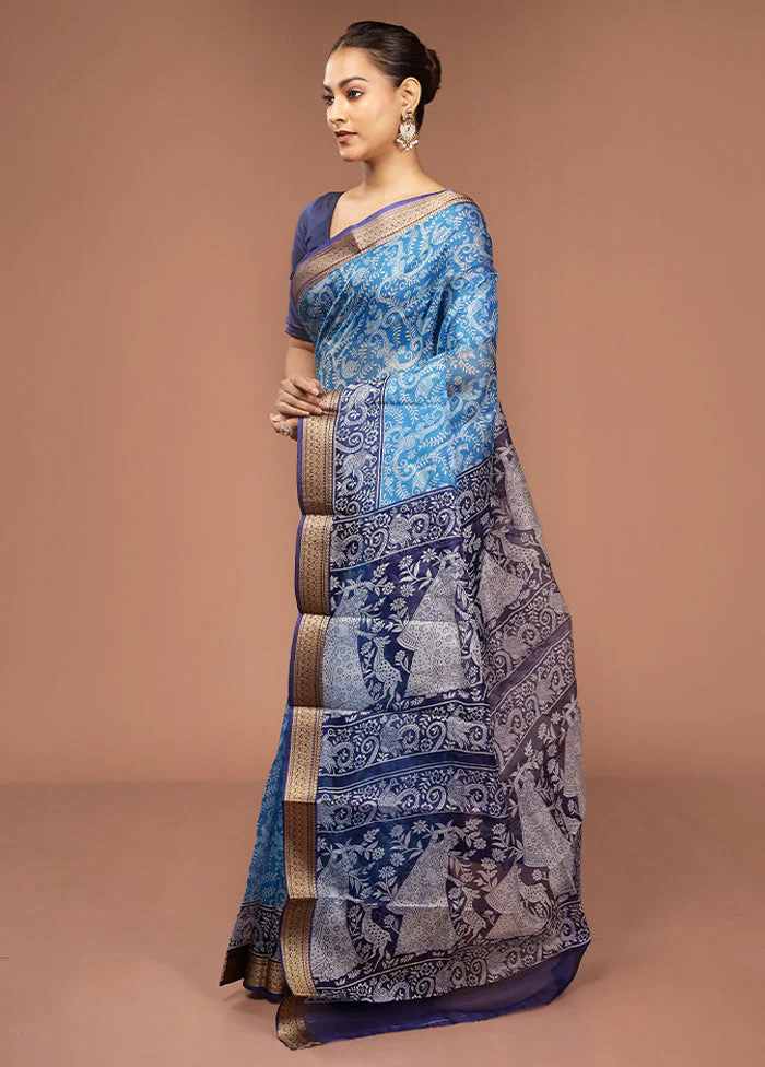 Blue Printed Pure Silk Saree Without Blouse Piece - Image 4