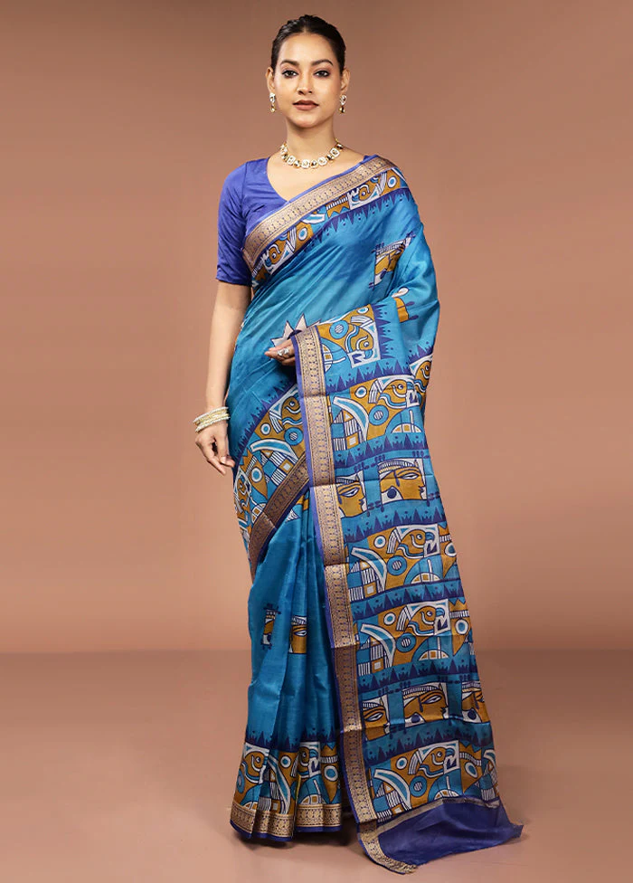 Blue Printed Pure Silk Saree Without Blouse Piece - Image 2