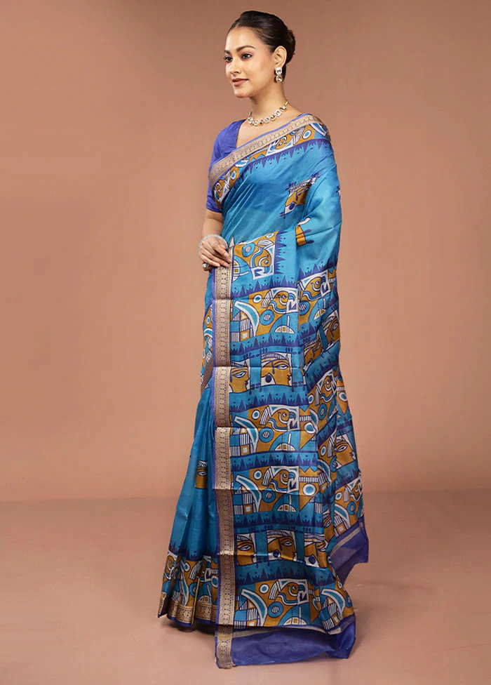 Blue Printed Pure Silk Saree Without Blouse Piece - Image 4