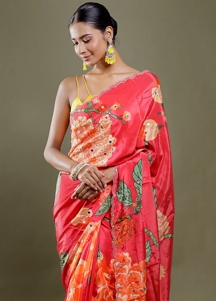 Pink Printed Pure Silk Saree Without Blouse Piece - Image 2
