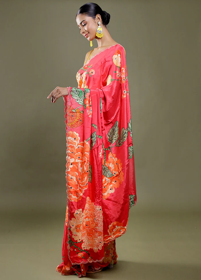 Pink Printed Pure Silk Saree Without Blouse Piece - Image 3