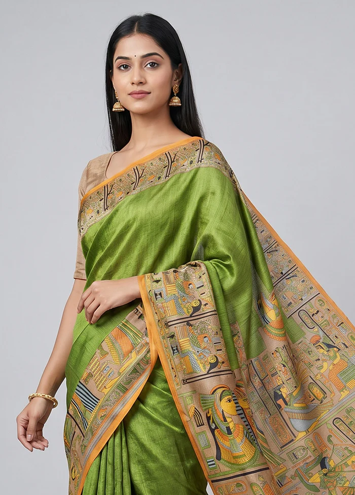 Blue Printed Silk Saree Without Blouse Piece - Image 2