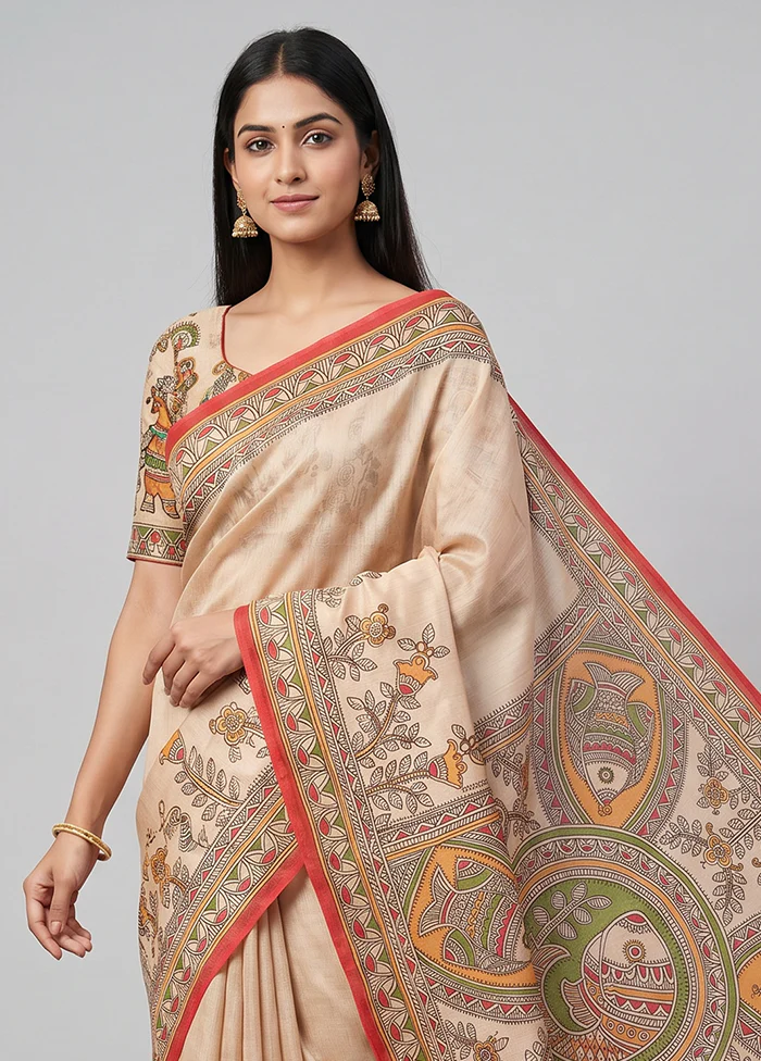 Blue Printed Silk Saree Without Blouse Piece - Image 2