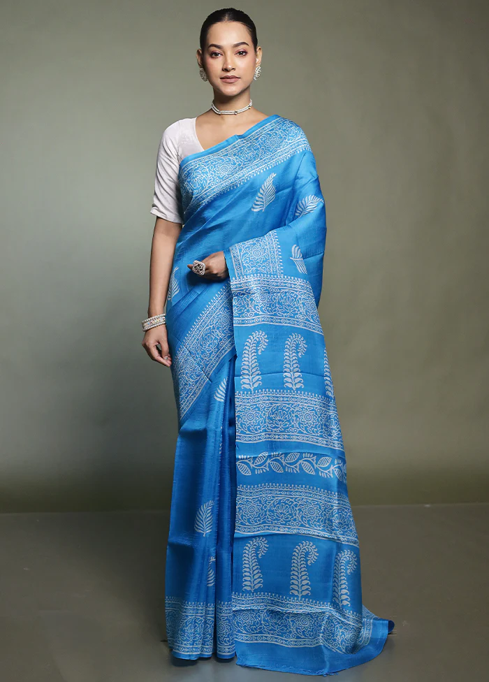 Blue Printed Pure Silk Saree Without Blouse Piece - Image 2