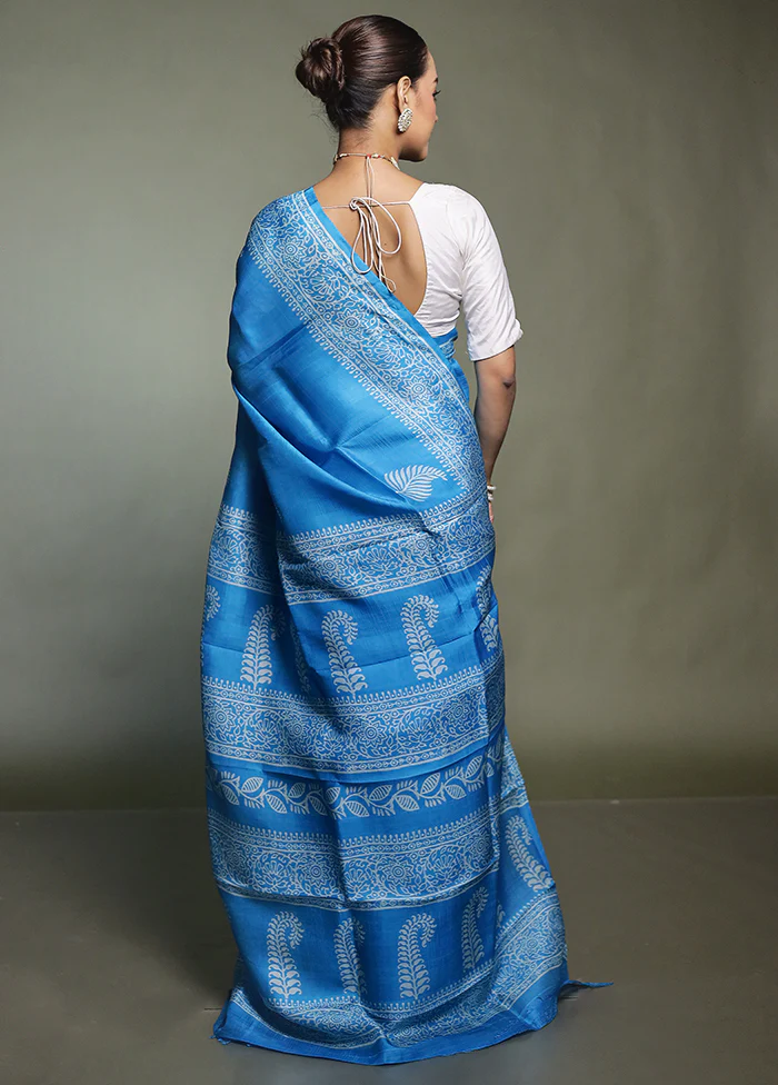 Blue Printed Pure Silk Saree Without Blouse Piece - Image 3