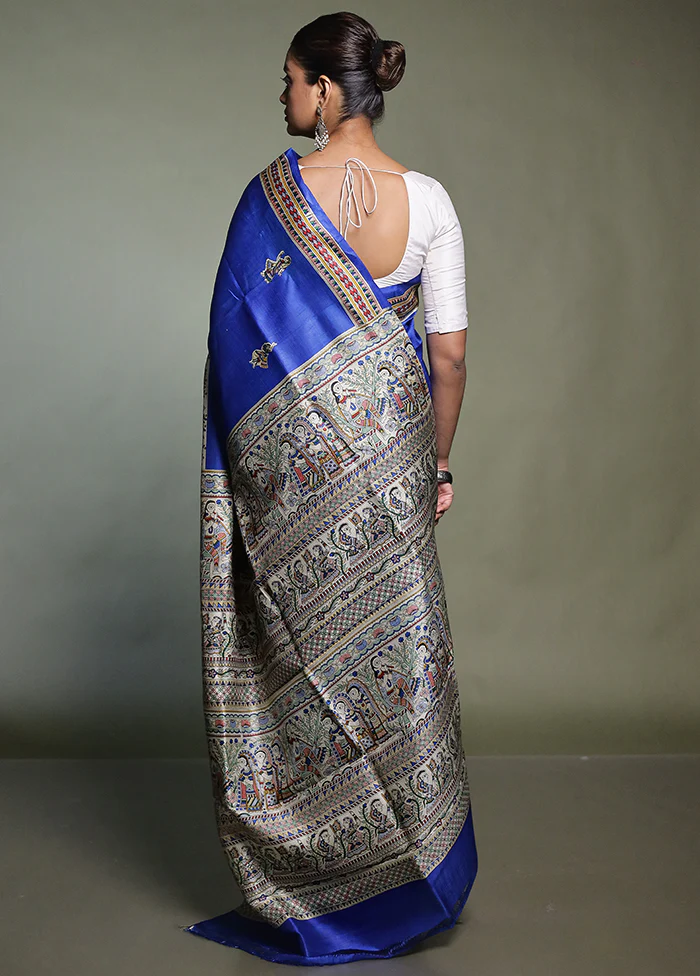 Blue Printed Pure Silk Saree Without Blouse Piece - Image 3