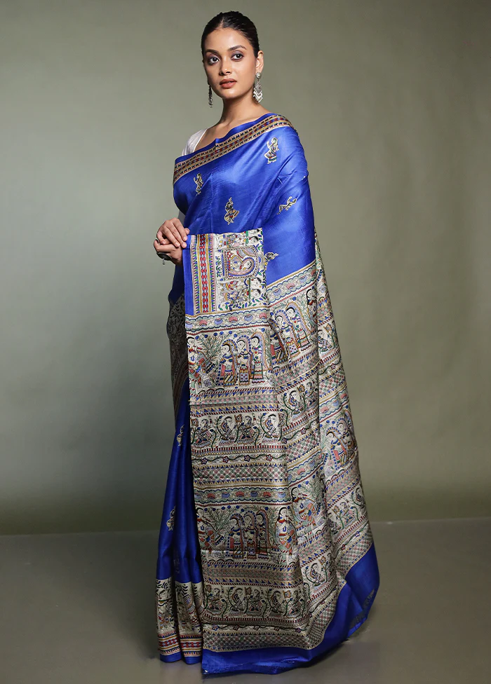 Blue Printed Pure Silk Saree Without Blouse Piece - Image 4