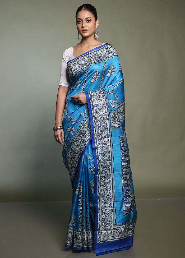 Blue Printed Silk Saree Without Blouse Piece - Image 2
