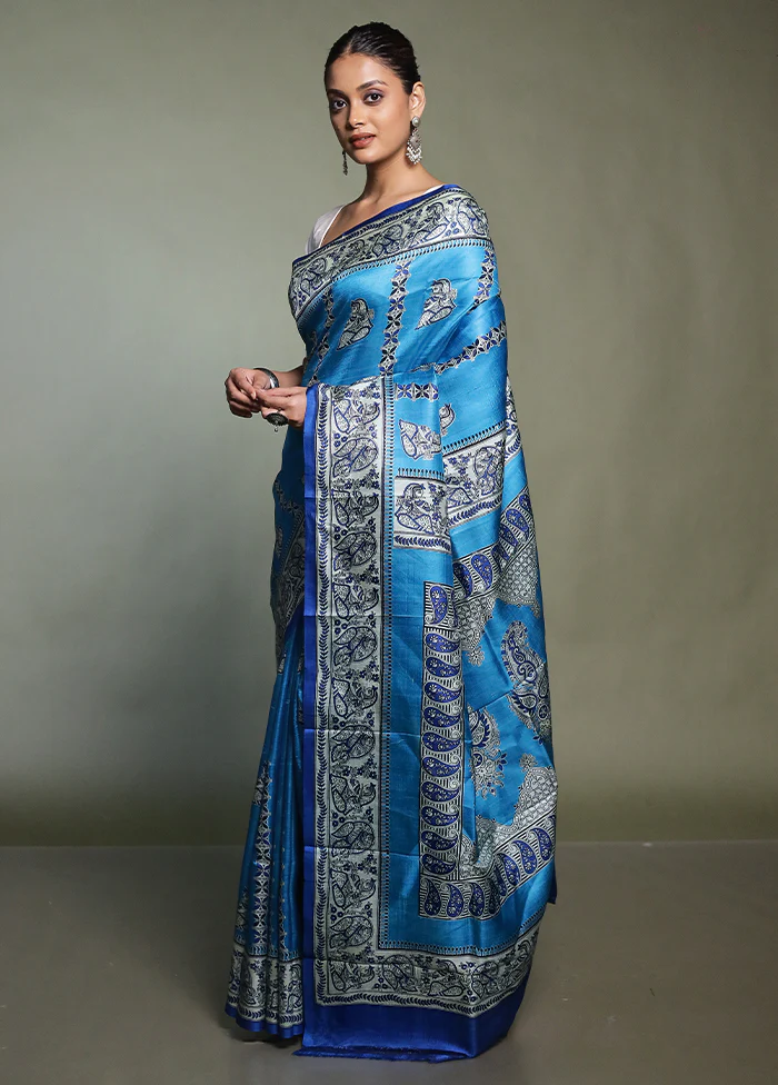 Blue Printed Silk Saree Without Blouse Piece - Image 4