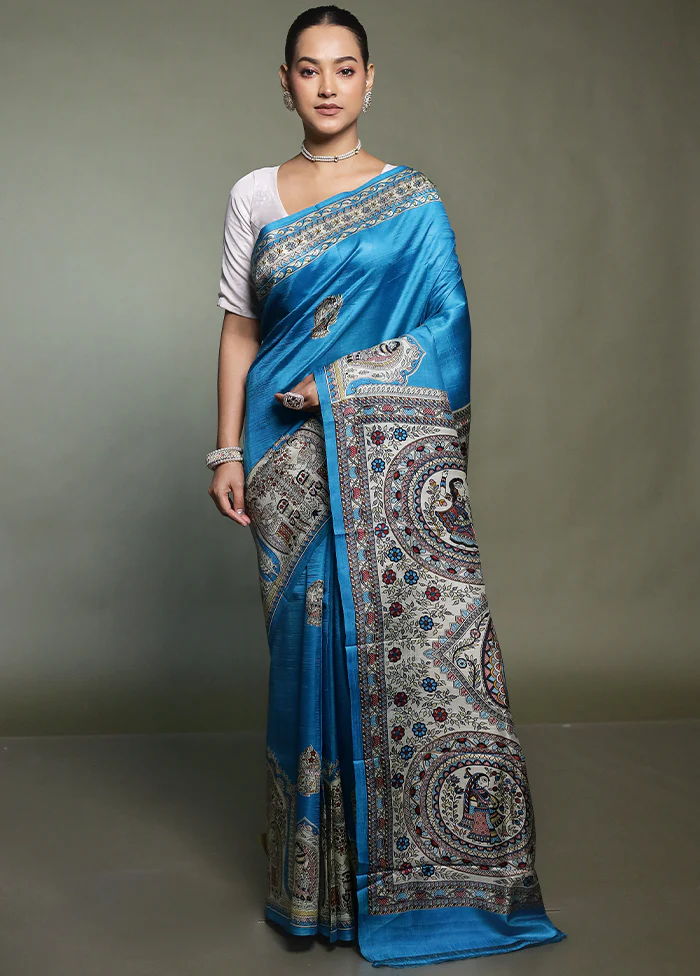 Blue Printed Pure Silk Saree Without Blouse Piece - Image 2