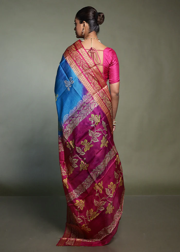 Blue Printed Pure Silk Saree Without Blouse Piece - Image 3