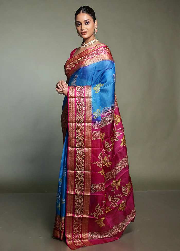 Blue Printed Pure Silk Saree Without Blouse Piece - Image 4
