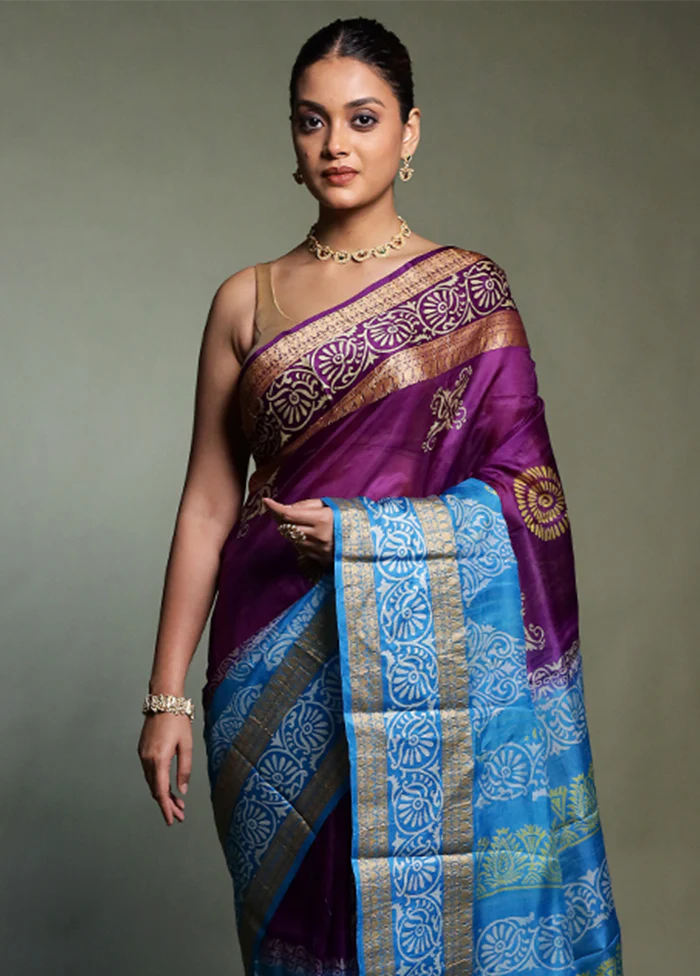 Purple Printed Pure Silk Saree Without Blouse Piece