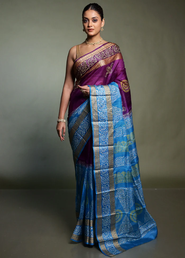 Purple Printed Pure Silk Saree Without Blouse Piece - Image 2