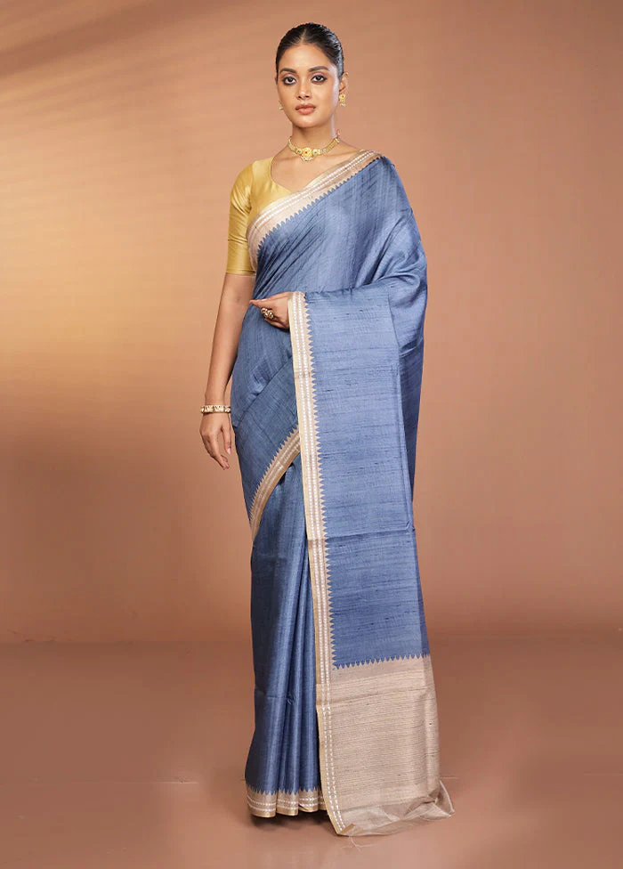 Blue Printed Pure Silk Saree Without Blouse Piece - Image 2