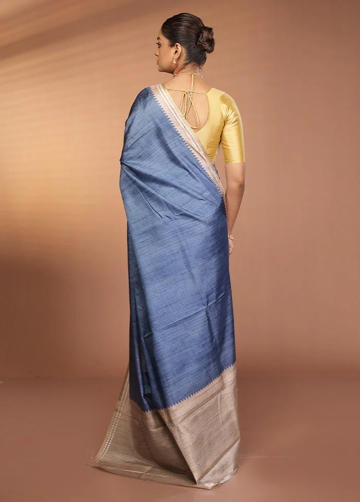 Blue Printed Pure Silk Saree Without Blouse Piece - Image 3