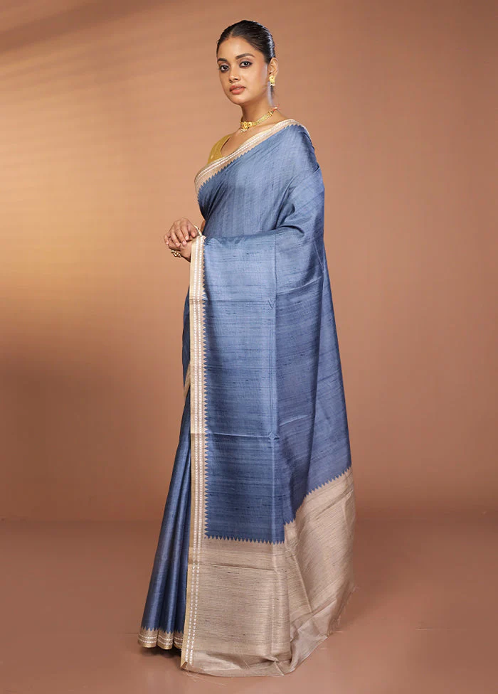 Blue Printed Pure Silk Saree Without Blouse Piece - Image 4