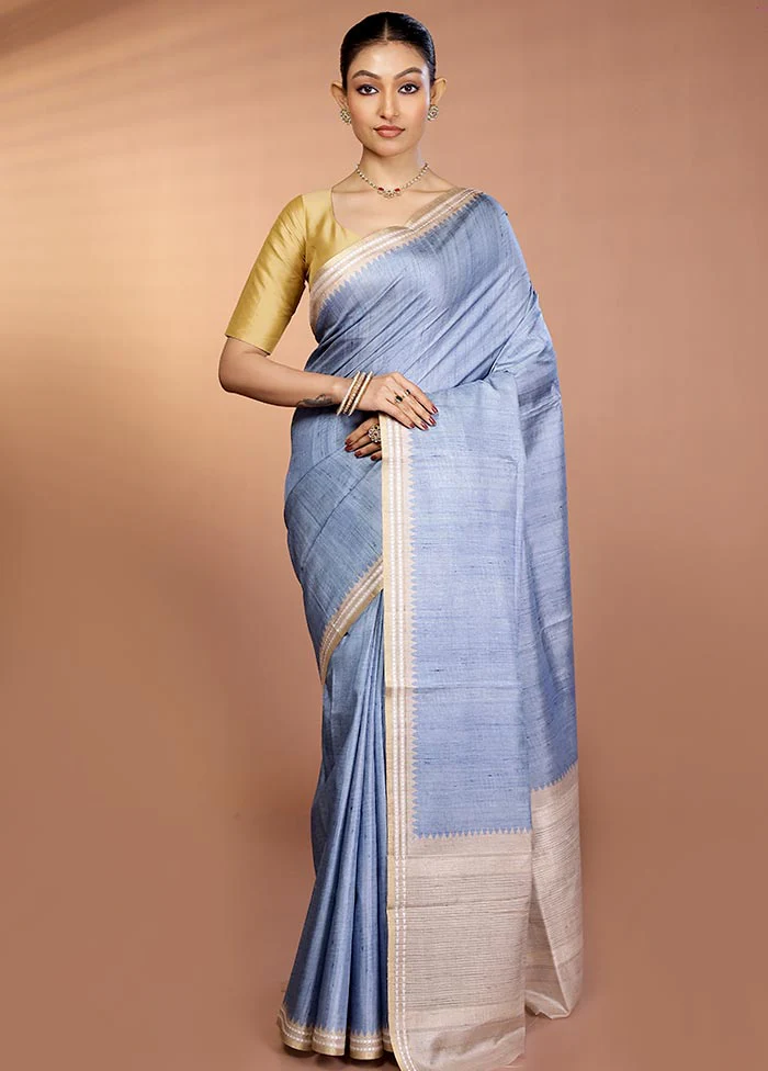 Blue Printed Pure Silk Saree Without Blouse Piece - Image 2