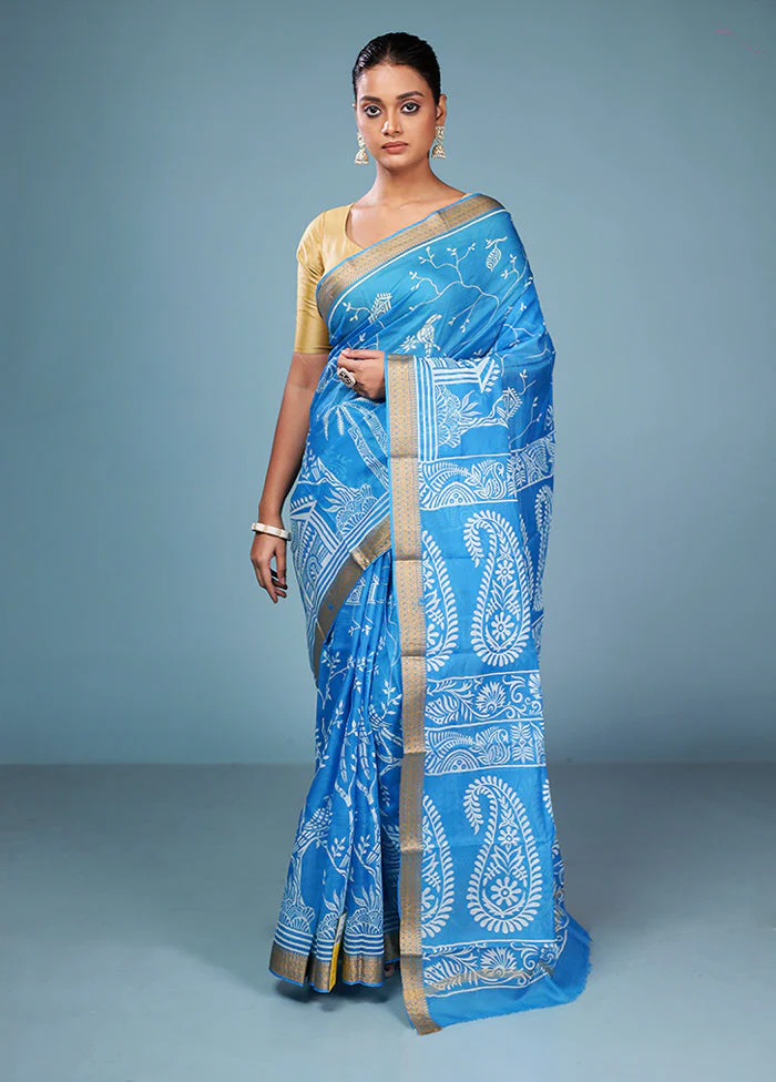 Blue Printed Pure Silk Saree Without Blouse Piece - Image 2