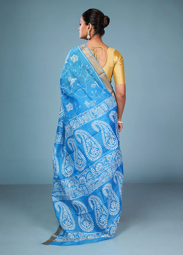 Blue Printed Pure Silk Saree Without Blouse Piece - Image 3