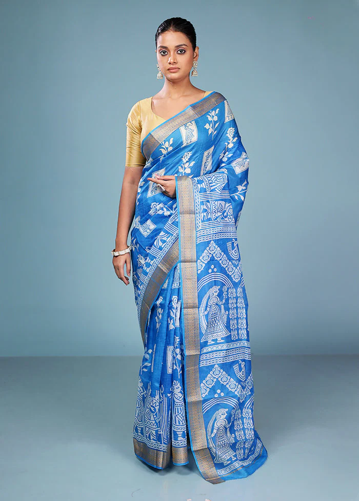 Blue Printed Pure Silk Saree Without Blouse Piece - Image 2