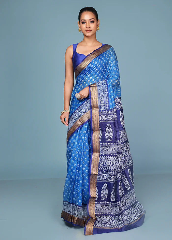 Blue Printed Silk Saree Without Blouse Piece - Image 2