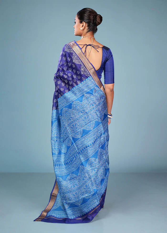 Blue Printed Silk Saree Without Blouse Piece - Image 3