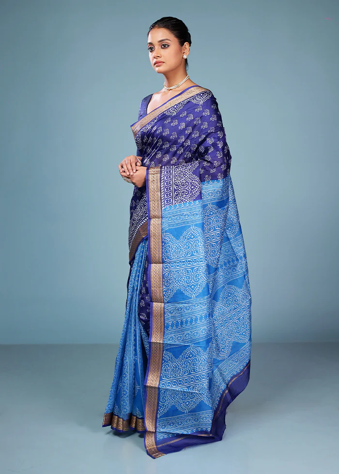 Blue Printed Silk Saree Without Blouse Piece - Image 4