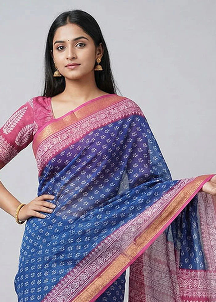 Blue Printed Pure Silk Saree Without Blouse Piece - Image 2