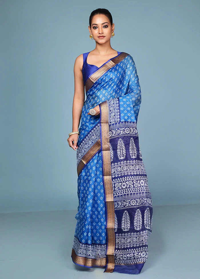 Blue Printed Pure Silk Saree Without Blouse Piece - Image 2
