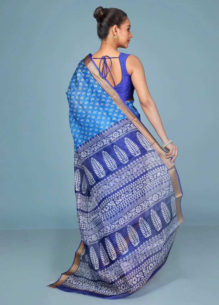 Blue Printed Pure Silk Saree Without Blouse Piece - Image 3