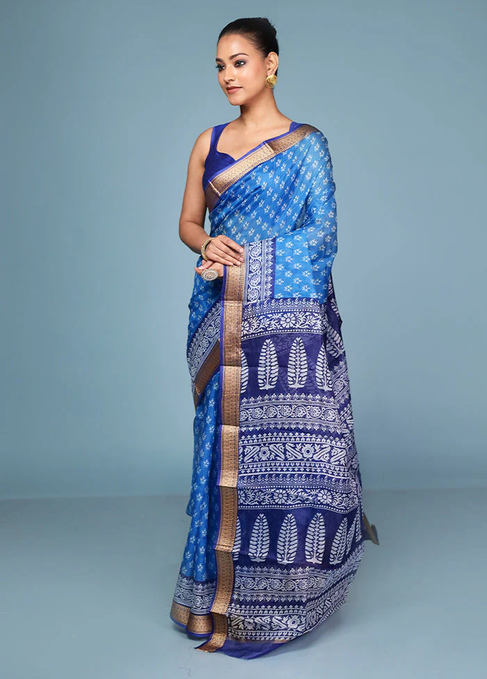 Blue Printed Pure Silk Saree Without Blouse Piece - Image 4