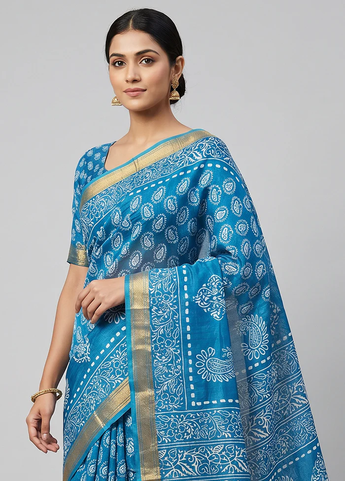 Blue Printed Silk Saree Without Blouse Piece - Image 2