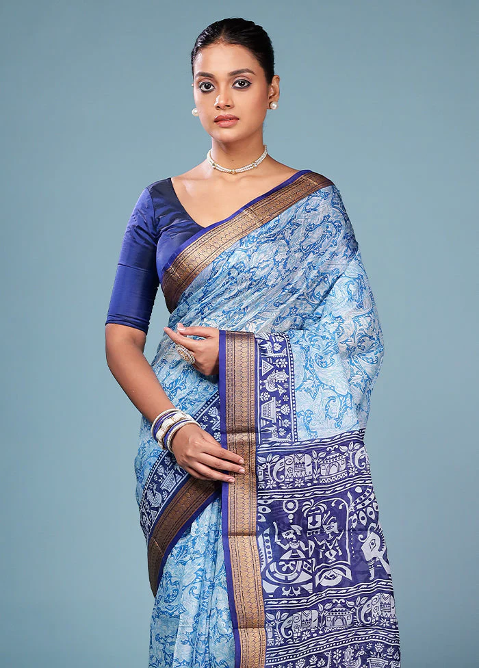 Blue Printed Pure Silk Saree Without Blouse Piece