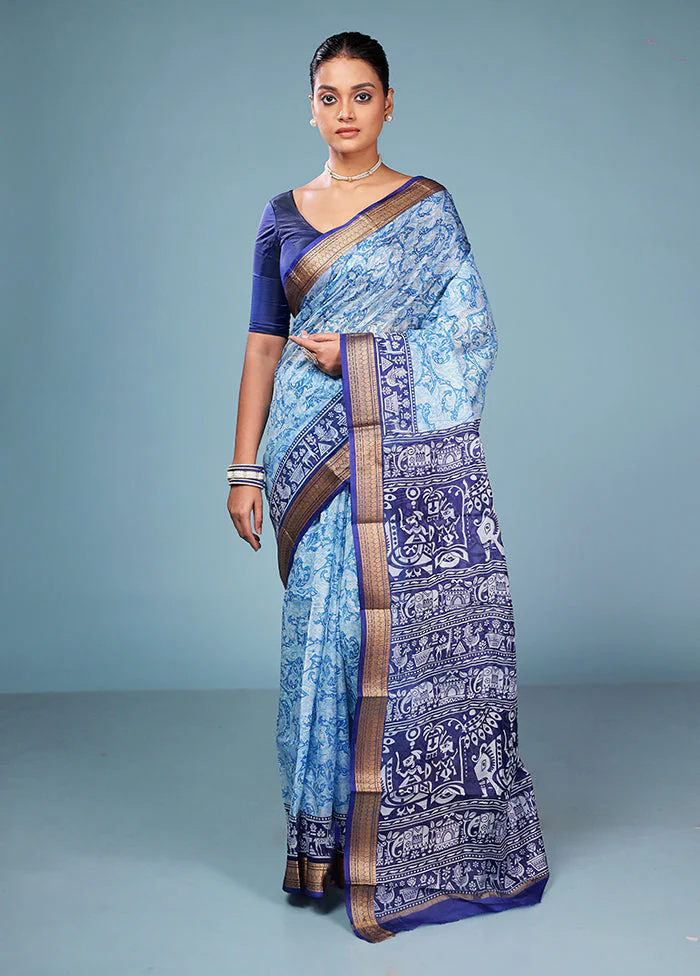 Blue Printed Pure Silk Saree Without Blouse Piece - Image 2