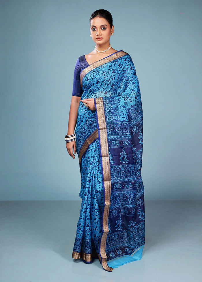 Blue Printed Silk Saree Without Blouse Piece - Image 2