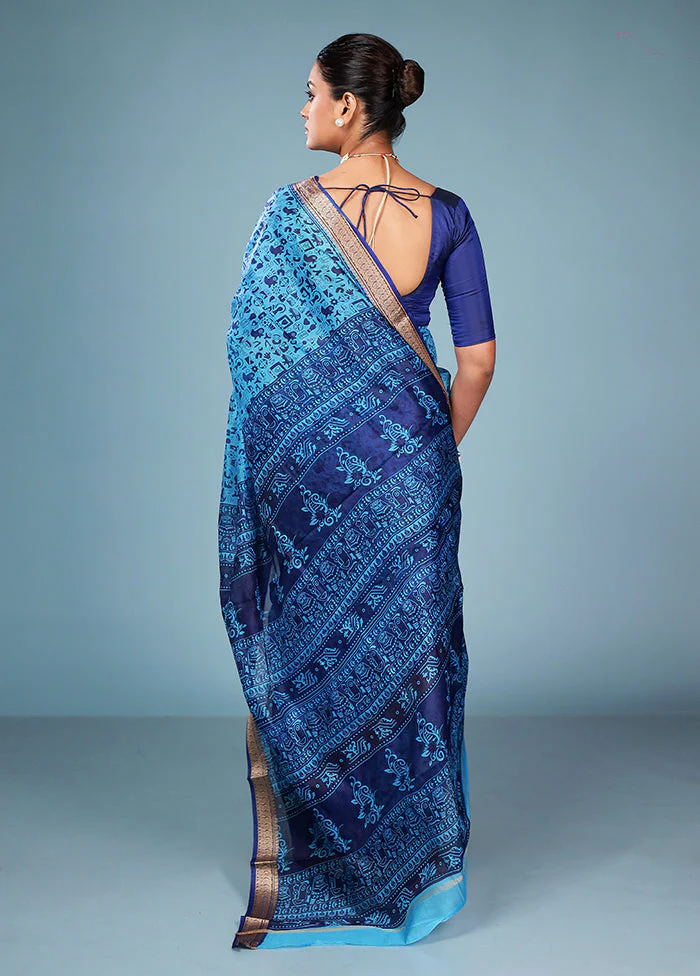 Blue Printed Silk Saree Without Blouse Piece - Image 3