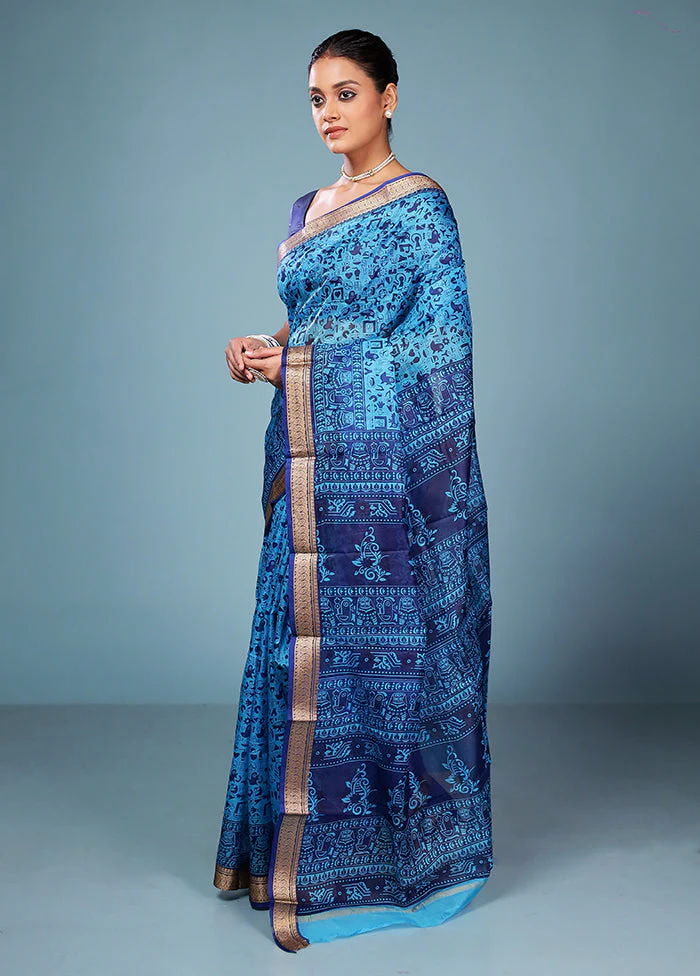 Blue Printed Silk Saree Without Blouse Piece - Image 4