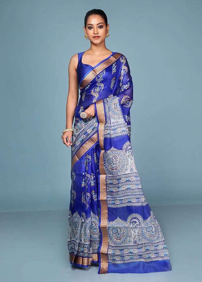 Blue Printed Pure Silk Saree Without Blouse Piece - Image 2