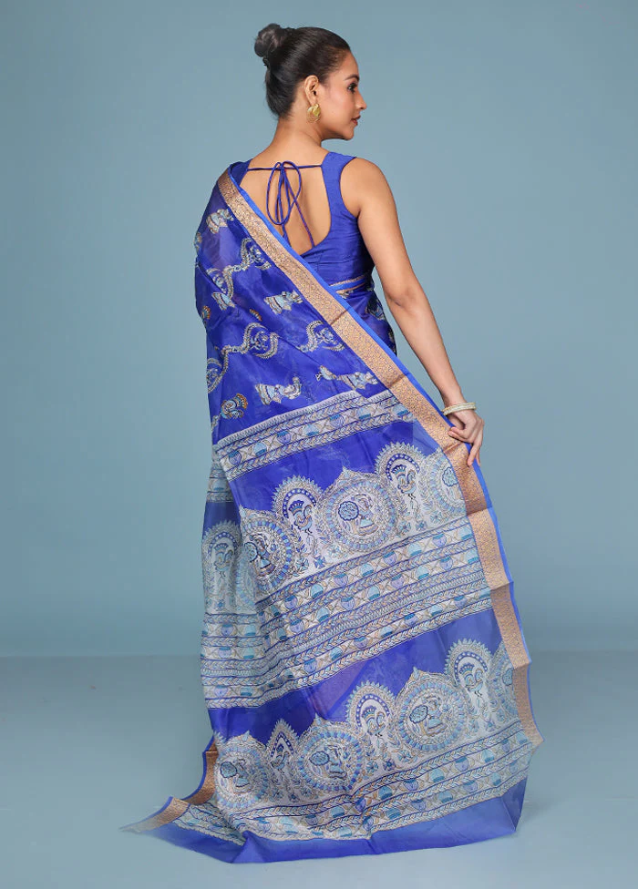 Blue Printed Pure Silk Saree Without Blouse Piece - Image 3