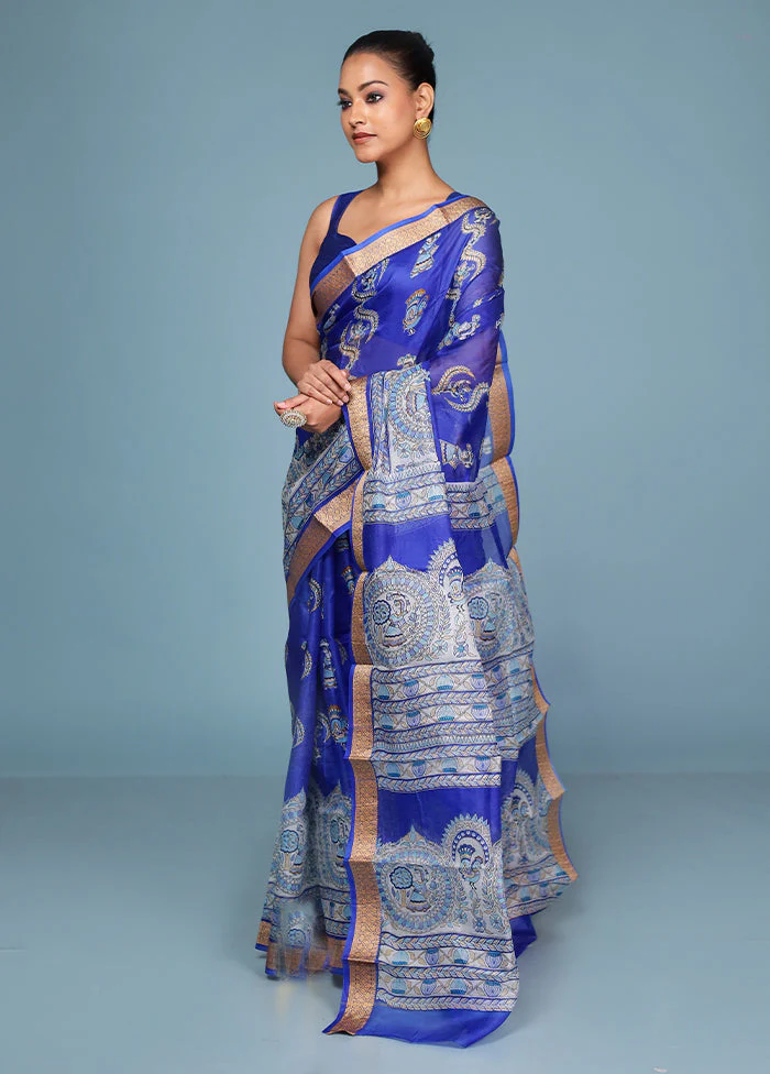 Blue Printed Pure Silk Saree Without Blouse Piece - Image 4