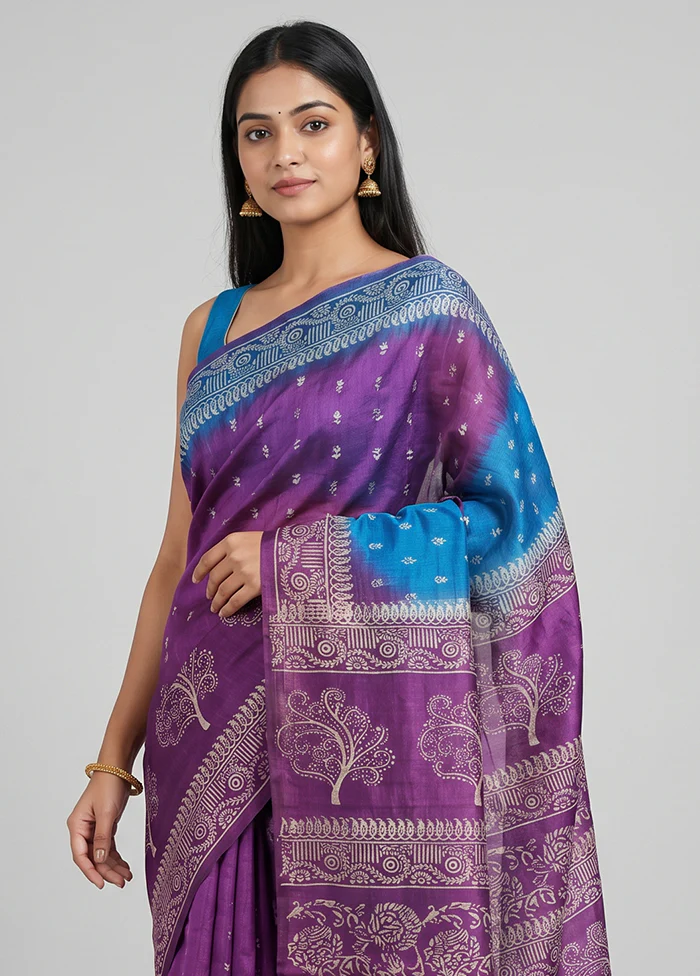 Blue Printed Silk Saree Without Blouse Piece - Image 2