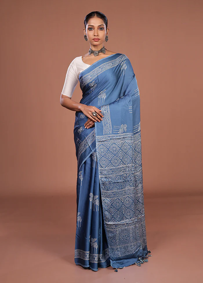 Blue Printed Pure Silk Saree Without Blouse Piece - Image 2