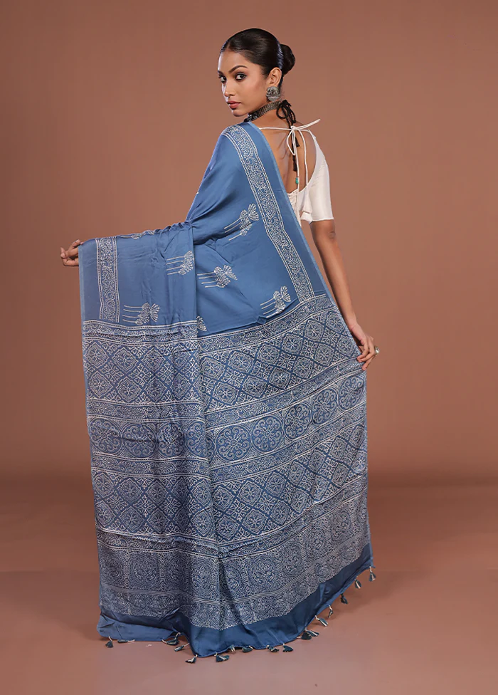 Blue Printed Pure Silk Saree Without Blouse Piece - Image 3