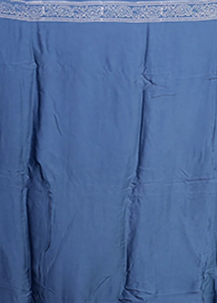 Blue Printed Pure Silk Saree Without Blouse Piece - Image 5