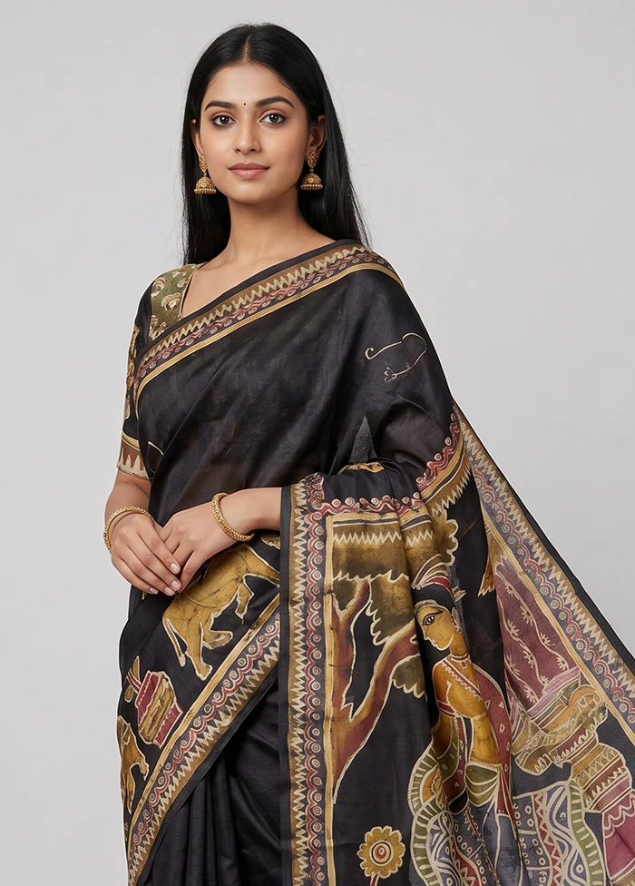 Blue Printed Pure Silk Saree Without Blouse Piece - Image 2