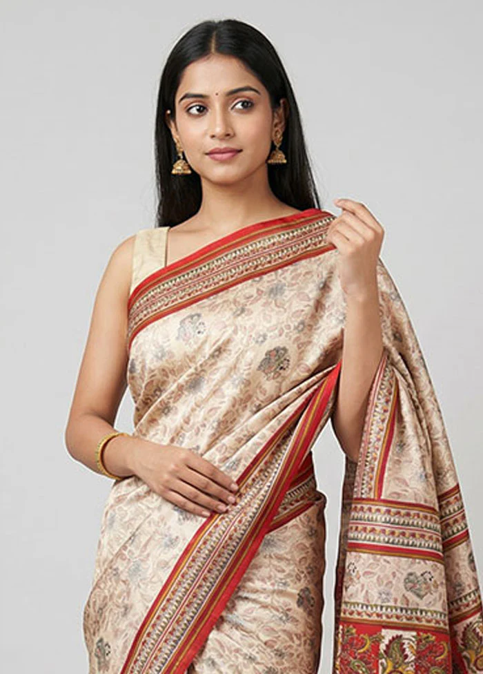 Blue Printed Silk Saree Without Blouse Piece - Image 2